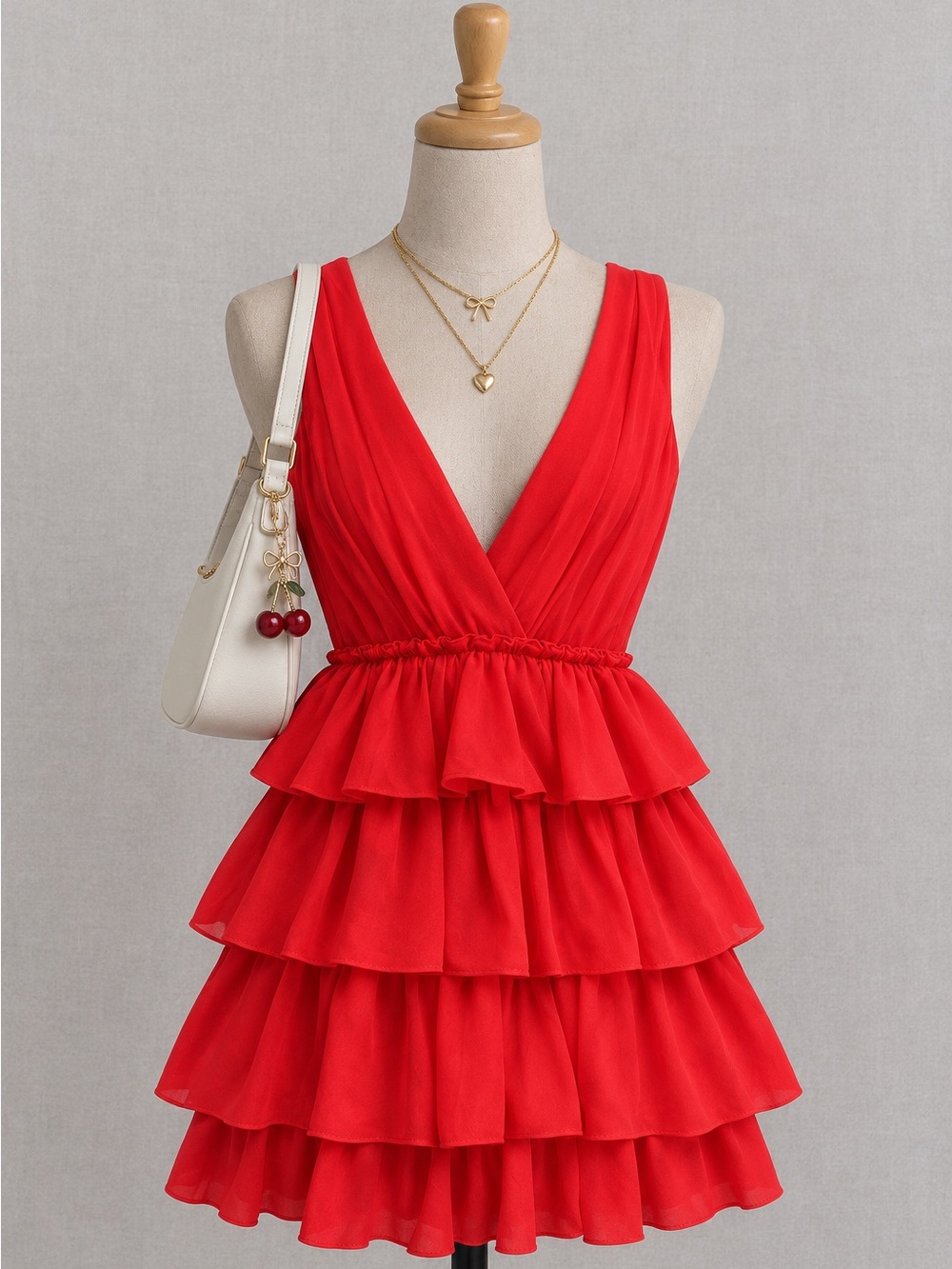 Dynamite Coral Red Tiered V-Neck Ruffle Mini Dress
